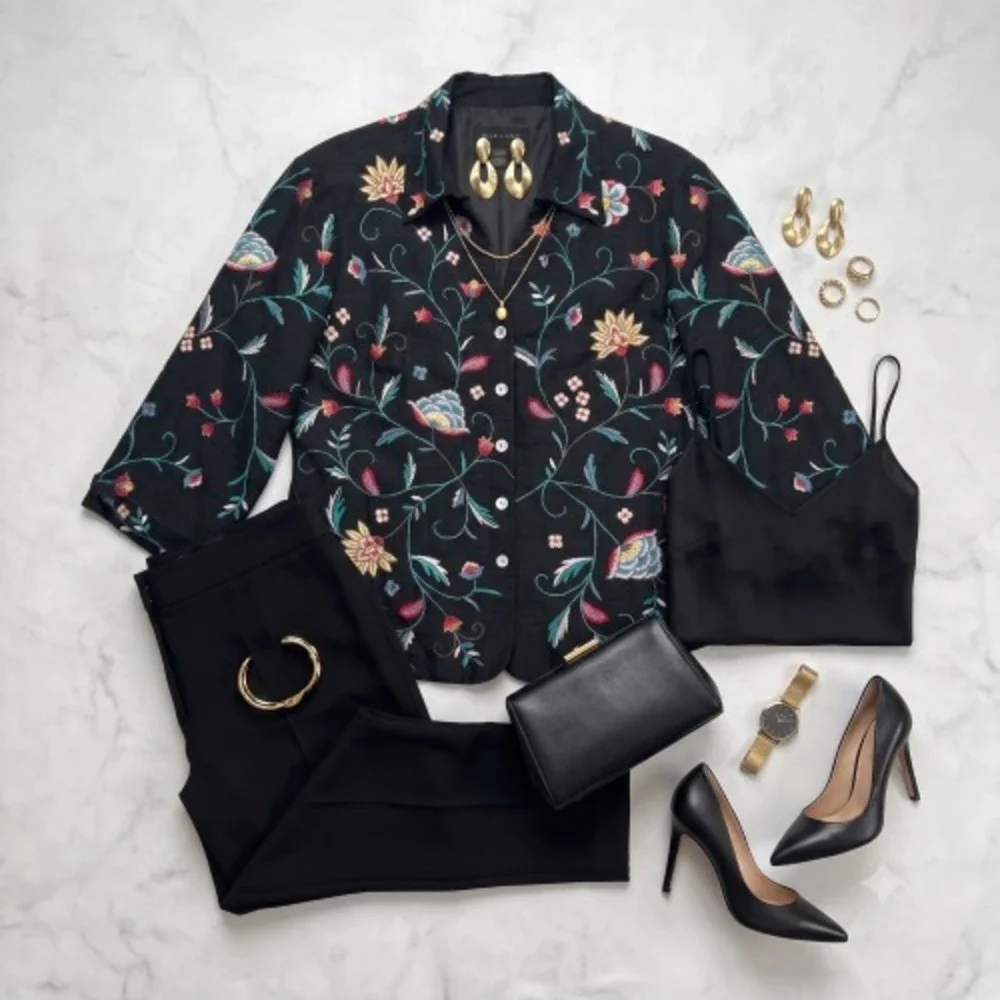 Silk Land Women's L Black 100% Silk Floral Embroidered Jacket 3/4 Sleeve